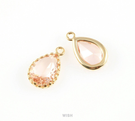 Peach Teardrop Glass Charm in Gold, Framed Drop Glass Gem / GPCG-017-P