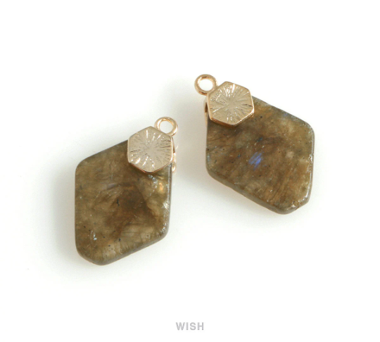 Labradorite Hexagon Gemstone Charm in Gold, Labradorite Hexagon Gemstone Pendant / SLBG-108-P