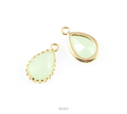 Light Mint Teardrop Glass Charm in Gold, Framed Drop Glass Gem /GLMG-017-P