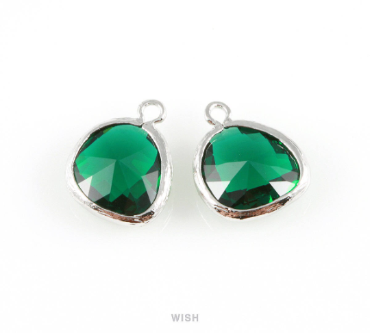 Emerald Faceted Glass Charm in Rhodium, Framed Drop Glass Gem / GEMRH-004-P (Medium)