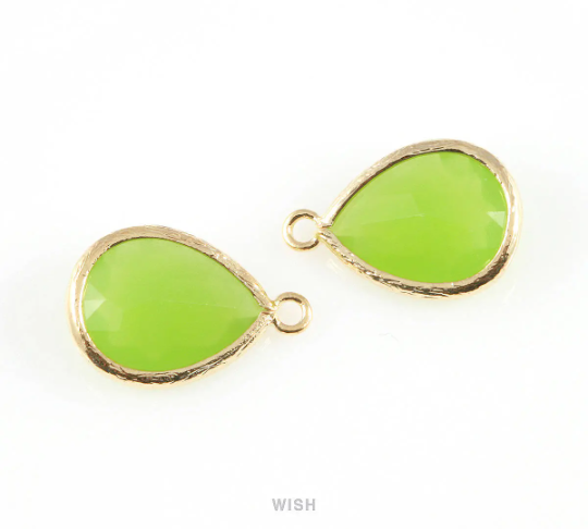 Peridot Teardrop Glass Charm in Gold, Framed Drop Glass Gem / GPDG-005-P