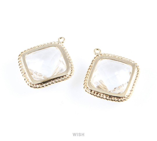 Clear Diamond Shape Pendants in Gold, Framed Diamond Charms / GCLG-032-P