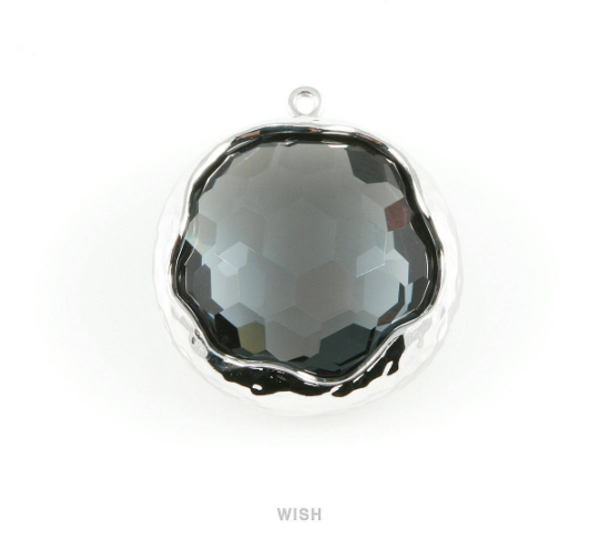 1 piece of Charcoal Faceted Glass Charms in Rhodium, Framed Round Pendant / GCCRH-011-P