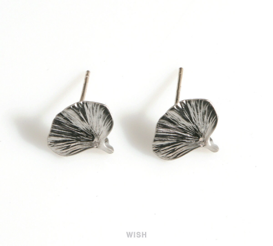 Ginkgo Leaf Stud Earrings in Matte Rhodium, Textured Ginkgo Earrings / MMRH-636-E