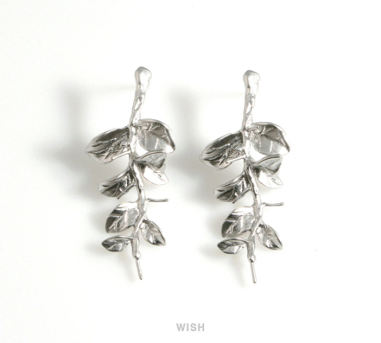 Branch and Leaves Stud Earrings in Matte Rhodium, Branch Stud Earrings / MMRH-589-E