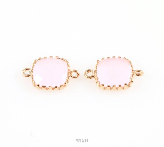 Rose Quartz Faceted Glass Connector in Gold, Framed Square Connector / GRQG-007-P