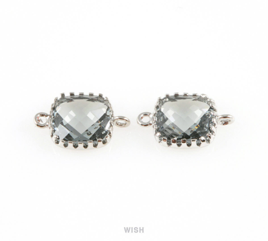 Charcoal Faceted Glass Connector in Rhodium, Framed Square Connector / GCCRH-007-P
