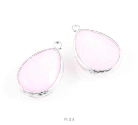 Pink Synthetic Stone Charms in Matte Rhodium, Framed Teardrop Pendant / SPKMRH-010-P