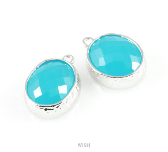 Ocean Blue Faceted Glass Charms in Rhodium, Framed Oval Pendant /GOBRH-009-P