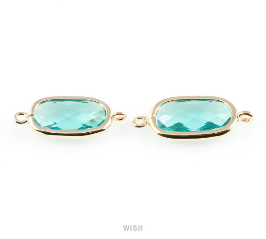 Aquamarine Oval Glass Connector in Gold, Framed Oval Connector / GAQG-035-C