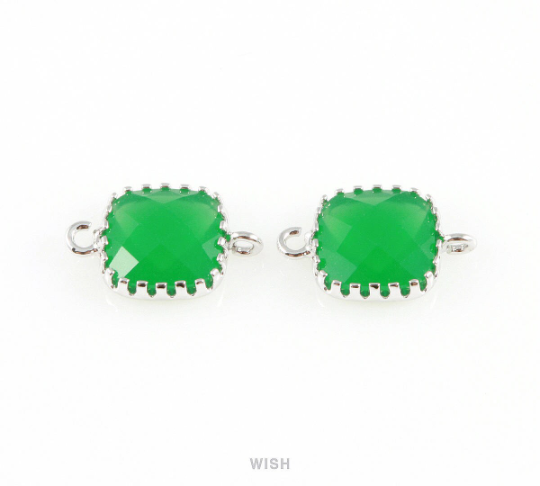 Palace Green Faceted Glass Connector in Rhodium, Framed Square Connector / GPGRH-007-P