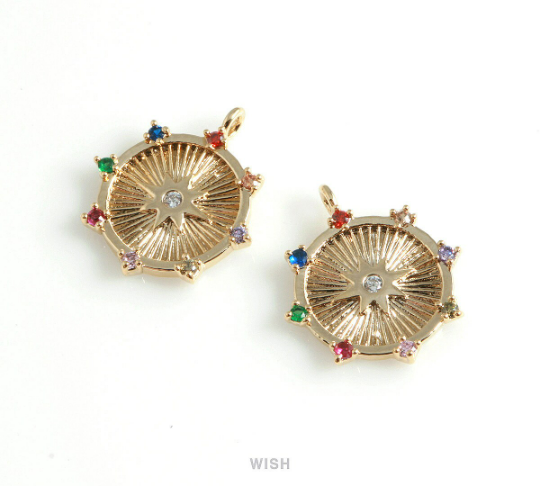 Gold Star Shine Disc with Multi Color Birthstones, Star Shine Coin /MG-429-P