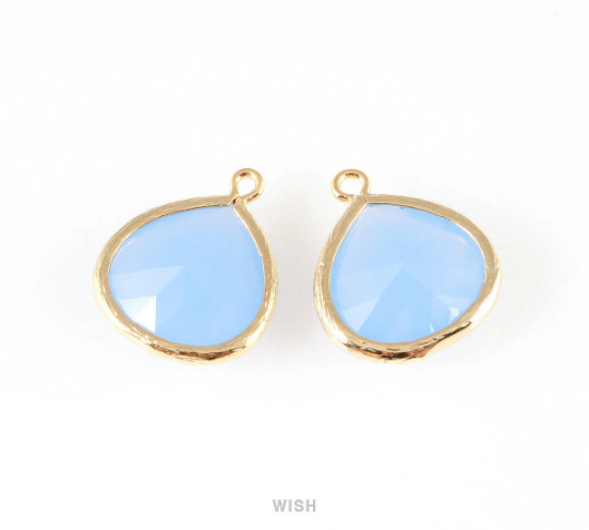 Ice Blue Faceted Glass Charm in Gold, Framed Drop Glass Bead /GIBG-001-P (Large)