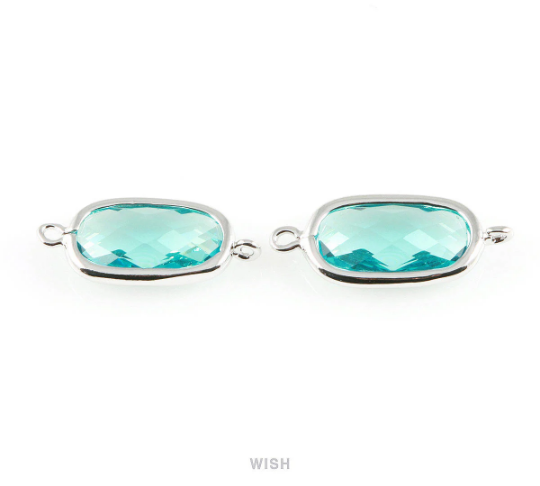 Aquamarine Oval Glass Connector in Rhodium, Framed Oval Connector/ GAQRH-035-C