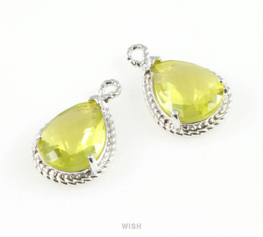 Apple Teardrop Glass Charm in Rhodium, Framed Drop Glass Gem / Birthstone / GAPRH-006-P