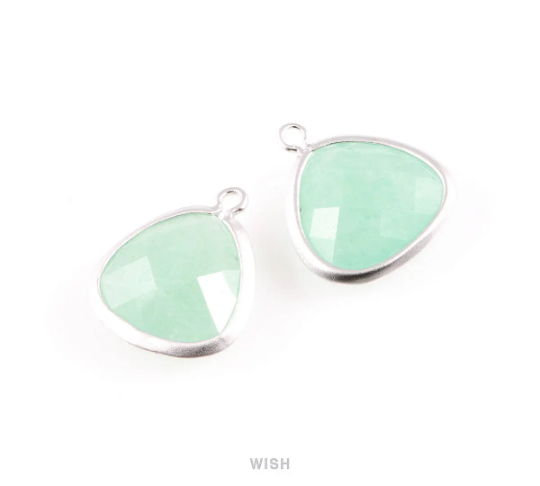 Mint Faceted Stone Charms in Matte Rhodium, Framed Triangle Pendants / SMTMRH-029-C