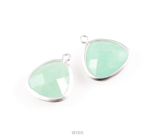 Mint Faceted Stone Charms in Matte Rhodium, Framed Triangle Pendants / SMTMRH-029-C