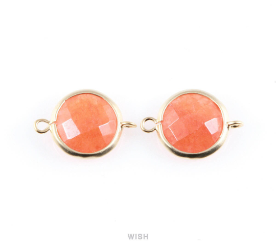 Amber Color Faceted Stone Charms in Matte Gold, Framed Round Connectors / SAMMG-028-C