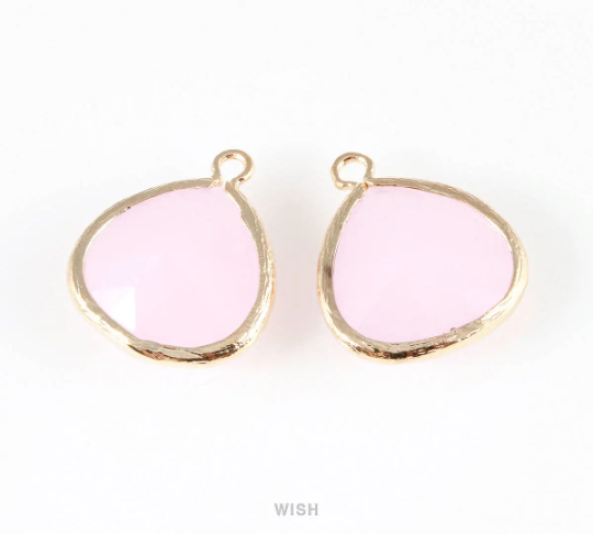 Rose Quartz Faceted Glass Charm in Gold, Framed Drop Glass Bead / GRQG-001-P (Large)