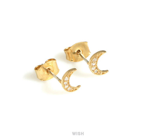Cubic Zirconia Crescent Stud Earrings in Matte Gold, Crescent Stud Earrings / MG-716-E
