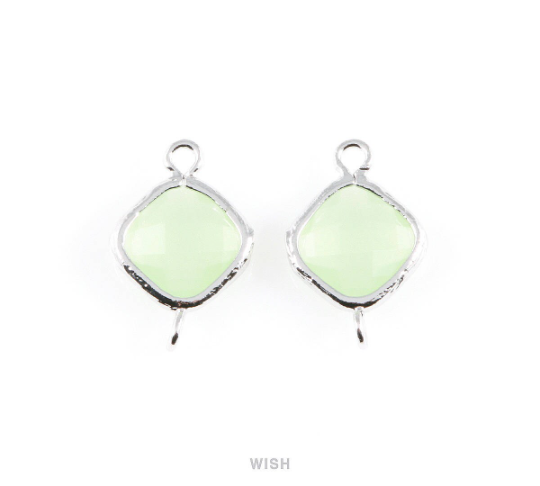 Light Mint Rhombus Glass Connector in Rhodium, Framed Rhombus Connector / GLMRH-021-P