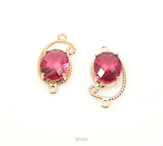 Ruby Oval Glass Charm in Gold, Framed Drop Glass Gem / GRBG-096-P