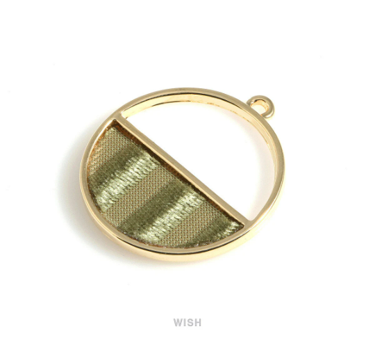 Olive Velvet Circle Pendant in Gold Frame, Khaki Velvet Round Charm /MG-OV-517-P
