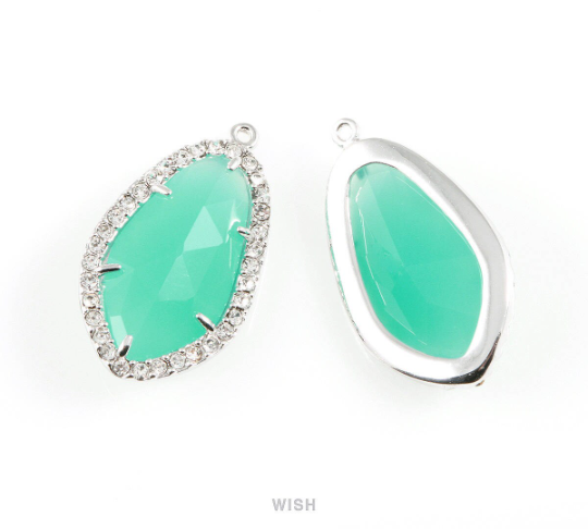 Briolette Mint Glass with Rheinstone in Rhodium, Framed Pendant / GMTRH-043-P