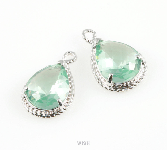 Erinite Teardrop Glass Charm in Rhodium, Framed Drop Glass Gem / GERRH-006-P
