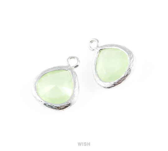 Light Mint Faceted Glass Charm in Rhodium, Framed Glass Gem / GLMRH-003-P (Small)