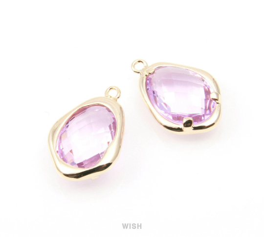 Light Amethyst Faceted Glass Charms in Gold, Framed Teardrop Pendant/ GLDG-085-P