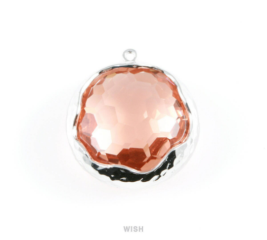 1 piece of Peach Faceted Glass Charms in Rhodium, Framed Round Pendant/ GPCRH-011-P