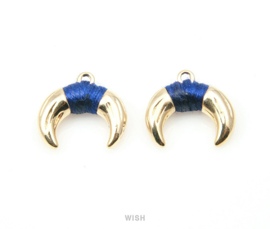Metal Horn Pendant in Gold with Navy Strap, 16k Gold Bull's Horn Charm/ MNVG-003-P (Small)