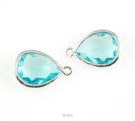 Aquamarine Teardrop Glass Charm in Rhodium, Framed Drop Glass Gem /GAQRH-005-P