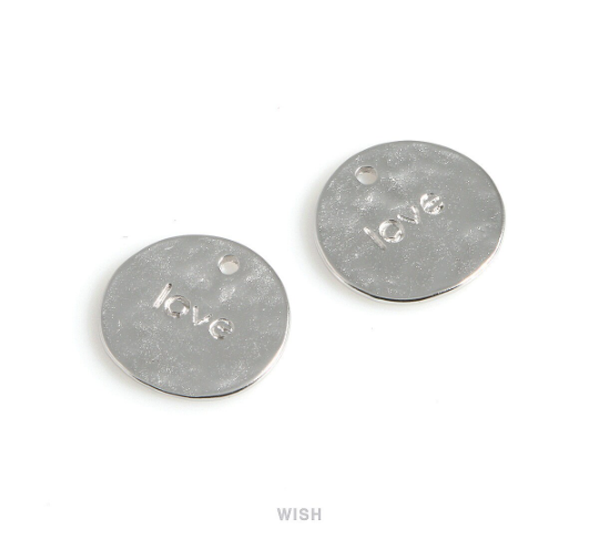Love Engraving on Hammered Disc Pendants in Matte Rhodium, Engraved Coin Charm / MMRH-533-P