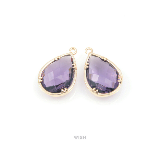 Amethyst Teardrop Glass Charm in Gold, Framed Drop Glass Gem / GTZG-092-P