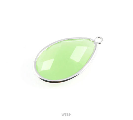 Light Mint Oval Glass Charm in Rhodium, Glass Framed Pendant / GLMRH-045-P