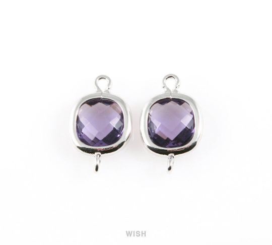 Amethyst Faceted Glass Connector in Rhodium, Square Framed Connector / GTZRH-041-P