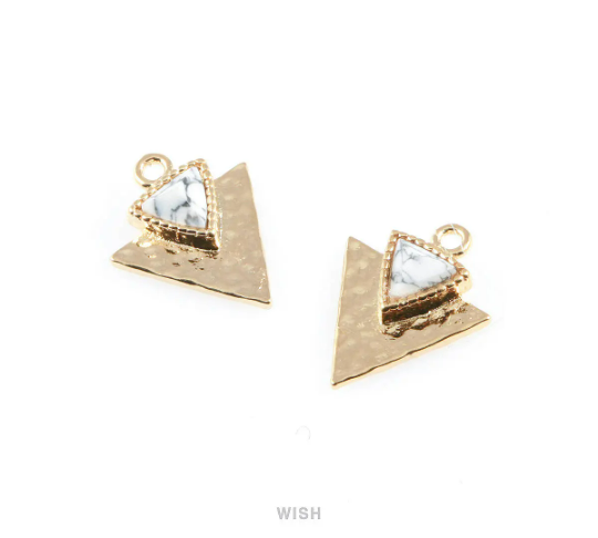 Howlite Triangle Stone Charm in Gold, Gemstone Framed Pendant  / SHTG-051-P