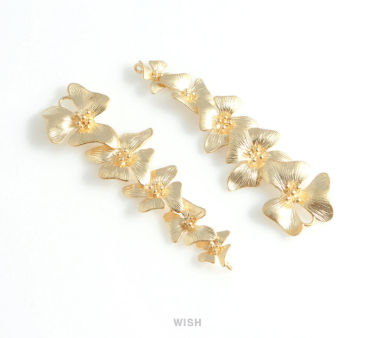 Five Orchid Flower Pendant in Matte Gold, Quintuple Floral Charms / MMG-043-C