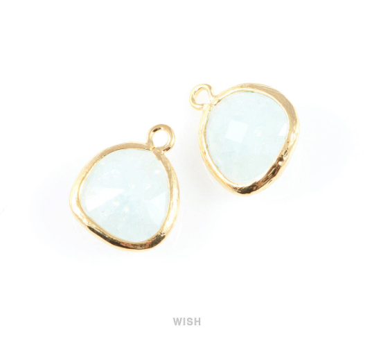 Alice Blue Sparkle Glass Charm in Gold, Framed Drop Glass Bead / GABG-013-P