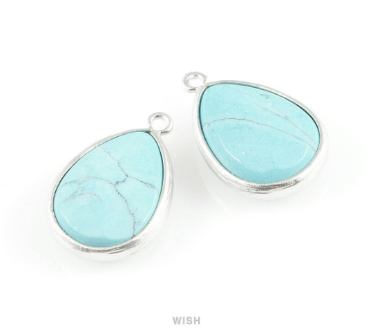 Turquoise Synthetic Stone Charms in Matte Rhodium, Framed Teardrop Pendant /STQMRH-010-P