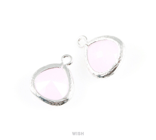Rose Quartz Faceted Glass Charm in Rhodium, Framed Glass Gem / GRQRH-003-P (Small)