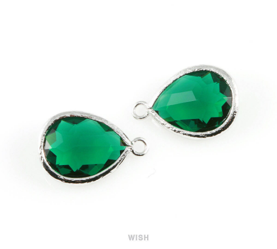 Emerald Teardrop Glass Charm in Rhodium, Framed Drop Glass Gem / GEMRH-005-P
