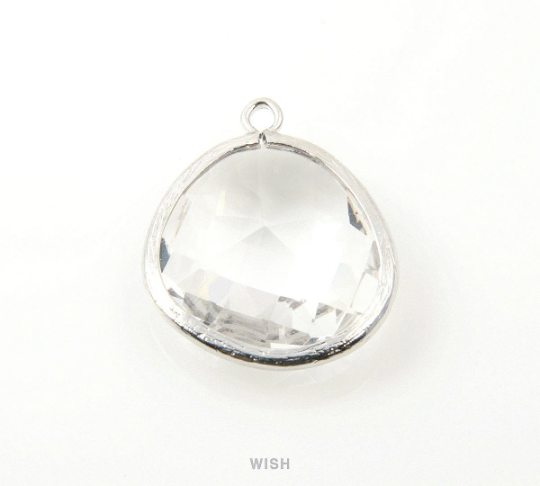 Clear Faceted Glass Charm in Rhodium, Framed Glass Gem / GCLRH-101-P (Large)