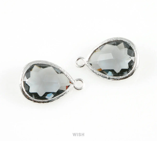 Charcoal Teardrop Glass Charm in Rhodium, Framed Drop Glass Gem / GCCRH-005-P