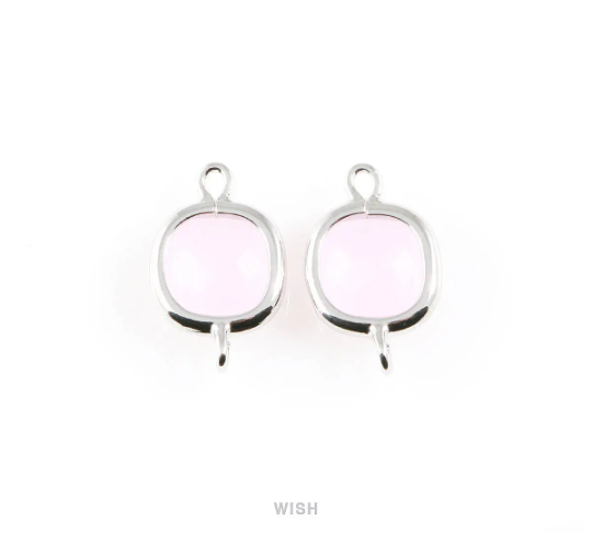 Rose Quartz Faceted Glass Connector in Rhodium, Square Framed Connector / GRQRH-041-P