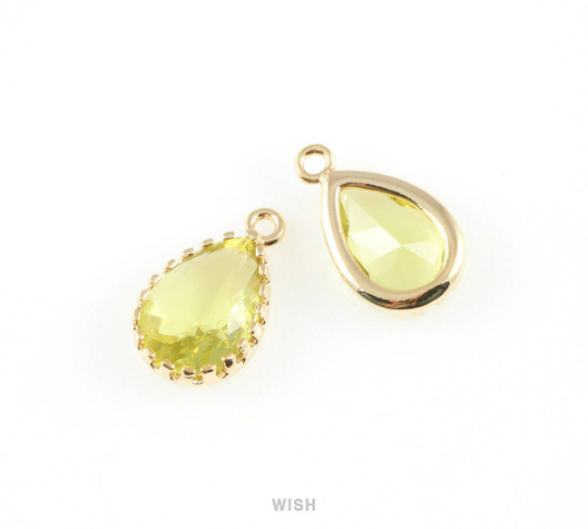 Apple Teardrop Glass Charm in Gold, Framed Drop Glass Gem / GAPG-017-P