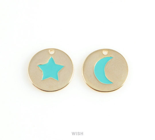 Turquoise Star Disc Pendants in Gold, Mint Star Charm / MG-406-P