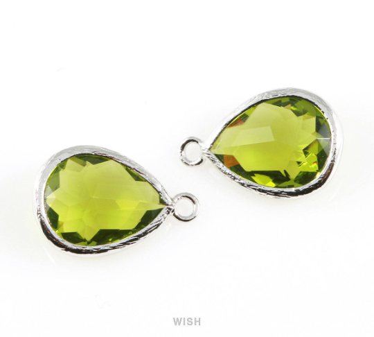 Dark Apple Teardrop Glass Charm in Rhodium, Framed Drop Glass Gem / GDARH-005-P